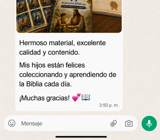 Captura de WhatsApp: cliente elogia la calidad del material y sus hijos felices coleccionando