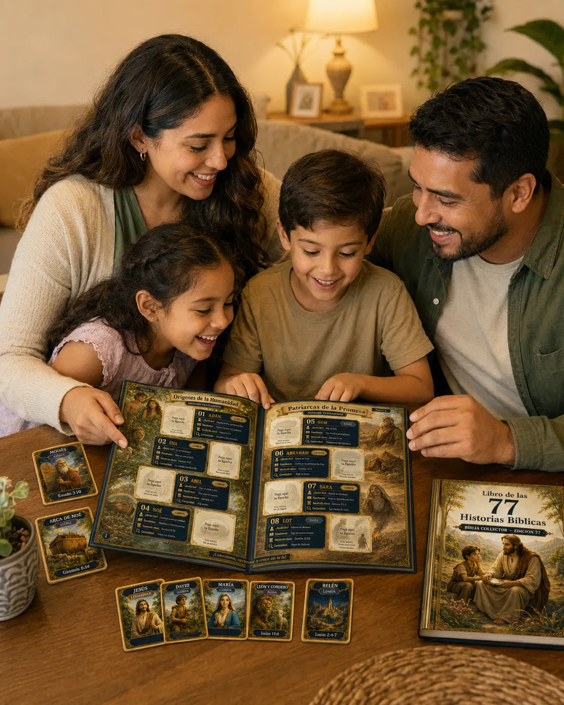 Familia usando el álbum bíblico junta en casa