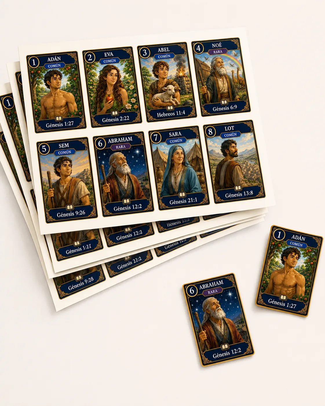 Hojas con las 77 figuritas bíblicas coleccionables